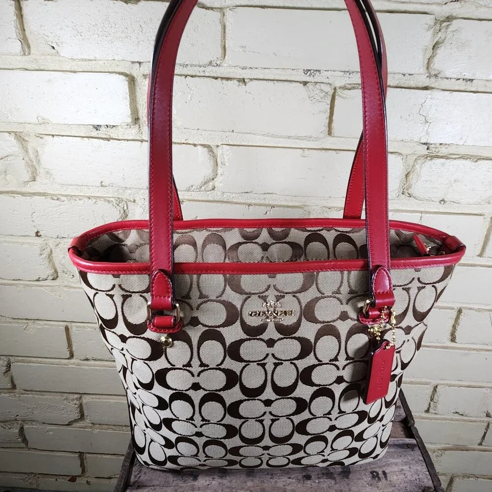 Like New Coach Signature Khaki & Red Leather Trim Shoulder Bag Tote Purse